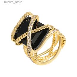 Cluster Rings 15mm*20mm Rectangular Crystal Black CZ Ring Dainty Gold-plated Brass Twisted Twist Design Statement Ring Jewelry for Women L240402