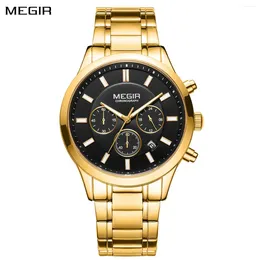 Wristwatches MEGIR Top Mens Watches Stainless Steel Band Chronograph Gold Black Quartz WristWatch Big Dial Luminous Montre