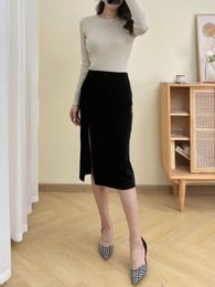 Skirts Side Slit Black Velvet Knee-Length Skirt Invisible Back Zipper Closure For Woman Top Quality