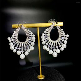 Stud Earrings Symmetrical Long Big Dangling Drop Pearl Creative White Cubic Zirconia Paved Unique For Women Pageant