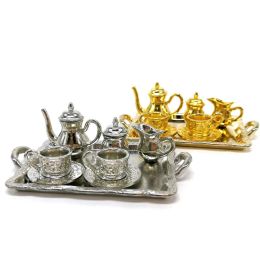 10Pcs 1: 12 Dollhouse Furniture Miniature Dining Ware Metal Tea Cup Plate Set