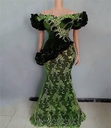 Hunter Green Lace Aso Ebi Evening Gowns Short Sleeves Puffy off shoulder Mermaid Women African Plus Size Prom Dresses Appliques1107266