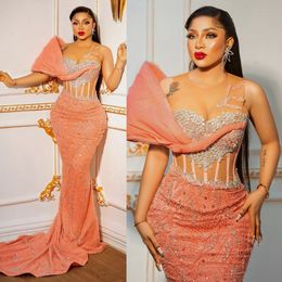 2024 Plus Size Aso Ebi Prom Dresses Promdress Illusion Mermaid Devel Dress Crystals Beded Lace Birthdy Party Second Orvice For Black Girls AM601