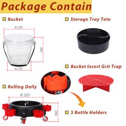 Transparent Removable Rolling Bucket Dolly 360° Turning Swivel Caster Detail Kit with Storage Tray Tote Bucket Insert Grit Trap