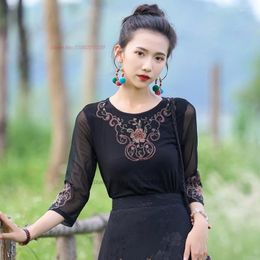 Ethnic Clothing 2024 Chinese Traditional T-shirt National Flower Embroidery Mesh Sleeve Shirt Vintage Hanfu Tops Oriental O-neck Base