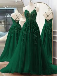 Party Dresses Green Prom Lace Applique Beaded Spaghetti Strap V Neck Long Sweep Train Backless Formal Evening Gowns Custom Made