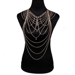Summer New European and American Personality Exaggerated Heavy Metal Iron Sheet Texture Tassel Double Shoulder Chain Body Chain