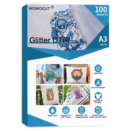 Paper WOWOCUT Glitter DTF Film A3 100 sheet Heat Transfer Paper DoubleSided Glossy Clear Pretreat DTF Film for Direct Print On TShirt