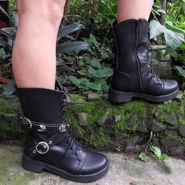 Boots Fashion Women Motorcycle Girls Spring/Autumn Winter Sole Mid Calf Woman Zipper Lace Up Solid Casual Shoes 608