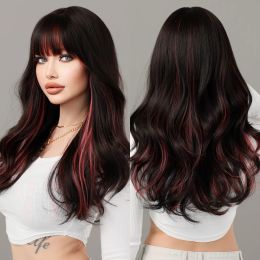 7JHH WIGS Long Wavy Black Wig for Women Highlight Pink Wigs with Bangs New Trend Synthetic Hair Wig Daily Use Heat Resistant