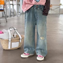 Trousers Hole Jeans Children Clothing Retro Style Make Old Straight Leg Pants Spring Boys Girls Korean Fashionable 2024