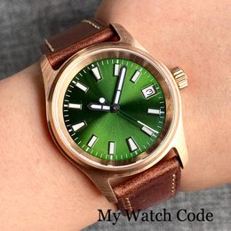 36mm Small Waterproof Dive Selfwinding Watch Male Real Bronze Japan NH35 Movt Military Pilot Wristwatch Leather Strap Green Lume