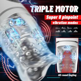 Automatic Male Masturbator Oral Male Sex Toy, 3 Motor 5 Biting 8 Vibrating Penis Stroker, Blowjob Glans Mens Vibrator with Realistic Throat Adult Sex
