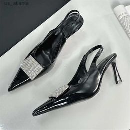 Dress Shoes High Quality Crystal Patent Leather Women Pumps Sexy Thin Heels Pointed Toe Slingback Mules Sandals H240403KSX5