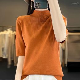 Women's T Shirts Summer Worsted Sweater Short Sleeve Casual Solid Colour Half Turtle Collar Ladies Tops Slim Blouse Pullover Tees