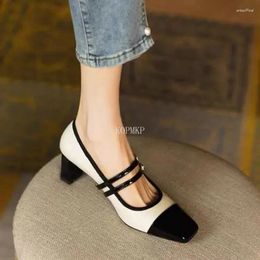 Dress Shoes 2024 Women's Mixed Color Pumps Double Buckle Mary Janes Black Toe High Heels Patchwork Zapatillas Mujer Tacon