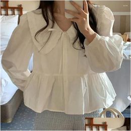 Womens Blouses Shirts Doll Collar Long Sleeve For Women Ruffle Loose Lace Up Bow Tops Female Spring Summer Fashion White Lady Drop Del Otqnl