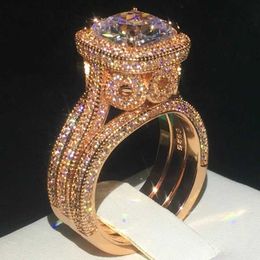 2PCS Wedding Rings 18K Rose Gold Vintage 3-in-1 Diamond cz Ring set 925 sterling silver Jewelry Engagement Wedding band Rings for Women men Bijou