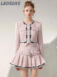 Work Dresses Autumn And Winter High-End Button Coat Outfits High-Waist Lace Pleated Skirt Small Pink Preppy Style Suit Two Pieces Sets