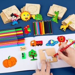 20pcs Montessori Kids Drawing Toys Wooden DIY Painting Stencils Set Craft Toy Coloring Puzzle Educational Toys For Children Gift