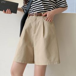 Women's Shorts Chic Belt Office Linen Loose Casual Ladies Wide Leg Pockets Female Straight 2024 Summer High Waist N980