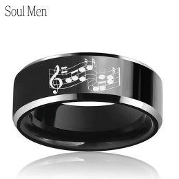 Bands 8mm Black Classic Ring for Men Women Comfort Fit Tungsten Wedding Band Music Notes Engraved Personal Jewellery Size 6 to 13