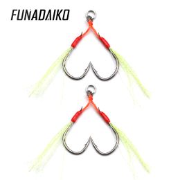 Fishhooks Funadaiko 10pcs/lot Metal Jig Assist Hook For 1060g Lure Glow Feather Hook With Solid Ring Jigging Spoon Saltwater Fishhook