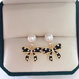 Stud Earrings ZHBORUINI 2024 14K Gold Plated Black Bow Natural Pearl S925 Silver Ear Needle For Women Jewellery Gift