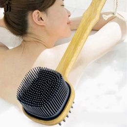 Silicone Back Scrubber Shower Brush With Detachable Long Wooden Handle Dry Skin Exfoliating Body Massage Cleaning Tool