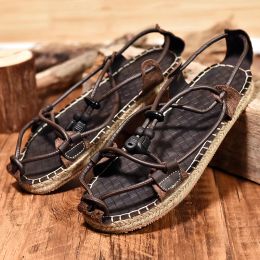 Sandals New Summer Men Casual Shoes High Quality Retro Brown Flat Men Straw Sandals Strap Design Roman Sandals Men sandales plage homme