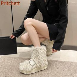 Boots Round Toe Belt Buckle Women Short Mid Calf Flat Sole Thick Fashion Casual Fur Sexy Shoe 2024 Arrivals