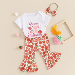 Clothing Sets Toddler Infant Baby Girls Birthday Outfit Short Sleeve Letter Print Romper Tops Strawberry Flared Pants Headband