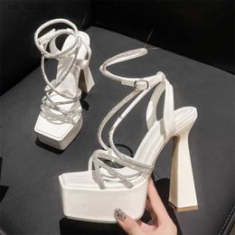 Dress Shoes New Design Crystal Narrow Band Square Toe Womens Sandals Summer Platform Chunky High Heels Female Pumps H240403OM48