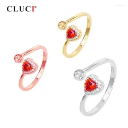 Cluster Rings CLUCI 925 Sterling Silver Women Heart Pearl Ring Mounting Adjustable Red Love Zircon Jewellery SR2190SB