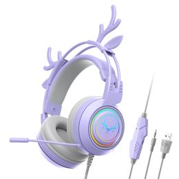 Wired Gaming Headset with Rotatable Microphone Detachable Antlers Earphones Stereo Computer Gaming Headphone for Laptop Tablet
