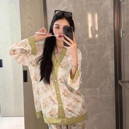 Home Clothing Lisacmvpnel Spring Pyjamas Women's Ice Silk Flower Print Long Sleeved Loose Size Sleepwear