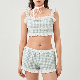 Home Clothing Women's 2 Piece Summer Set Square Neck Lace Trim Crop Adjustable Spaghetti Strap Tops Elastic Waist Plaid Shorts Outfits