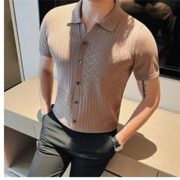 Men's Polos Summer Knitted T-shirt For Men Lapel Short Sleeve Polo Shirts Single Breasted Casual Business Tshirts Slim Fit Cardigan S-4XL