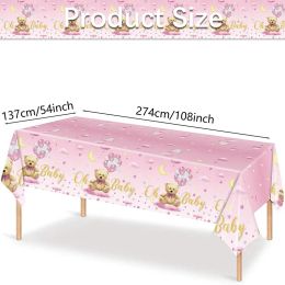 Pink Blue Bear Tablecloth 137x274cm Rectangle Oh Baby Table Cover for Kids Boy Girl Baby Shower Party Table Decorations