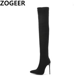 Boots Stretch Thigh High Boots Women Autumn Winter Sexy Over the Knee Boots Flock High Heel Black Gray Long Shoes Woman Big Size 45 47
