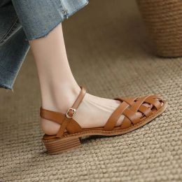 Boots 2023 New Retro Women's Sandals Roman Literary Style Hollow Female Shoes Summer Solid Colour Thick Heels Flat Bottom Ladies Shoes