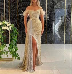 2023 gold mermaid Evening Dresses Wear kaftan Dubai Crystal sequined Beaded high split Long formal Party Gowns Modest robe de soir5949638