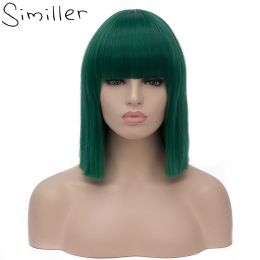 Wigs Similler Women Short Bob Synthetic Wigs High Temperature Fibre Hair with Fringe/bangs and Rose Net Dark Green Blue Purple