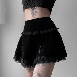 Women Sexy Fashion Cross Summer Embroidery Black Gothic Style Casual Party Stylish Lace Trim Mini Skirts 240402