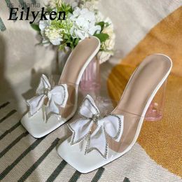 Dress Shoes CRYSTAL Butterfly-knot PVC Transparent Square High Heel Woman Slippers 2024 Summer Open-toe Party Ladies H240403