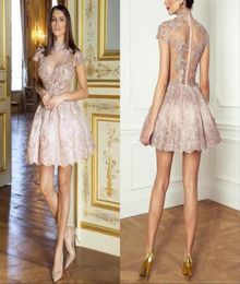 Classic Homecoming Dresses Sheer High Neck Illusion Cap Sleeves Lace Appliques Pink Party Graduation Cocktail Gowns6158663