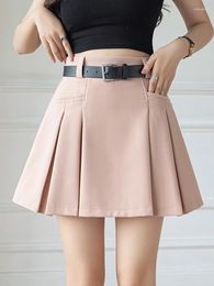 Skirts Preppy Style Students School Womens Short With Belt High Waist Casual Suit Fabric Mini Pleated Skirt Female