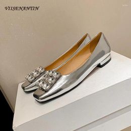 Casual Shoes Spring Silver Women Flats Square Head Shallow Low Heel Single Crystal Buckle Decor Fashion Leather