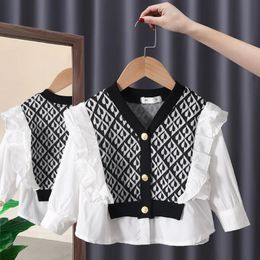 Spring and Autumn Children Shirts Kids Girls Blouse Sweater Stitching Fake Two-piece Set Baby Girls Cute White Blouse 240318