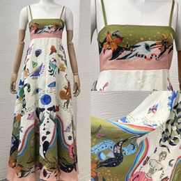 디자이너 Long Dresses 여성 휴가 뉴 여름 고품질 고품질 화이트 린넨 꽃 프린트 슬립 슬립 미디 드레스 숙녀 의류 fz2404035